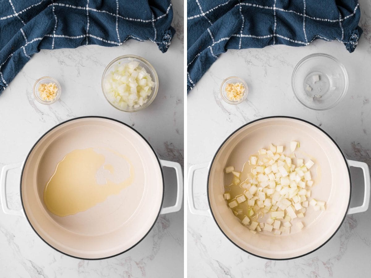 Side-by-side image of oil added to Dutch oven and then raw diced onion added.