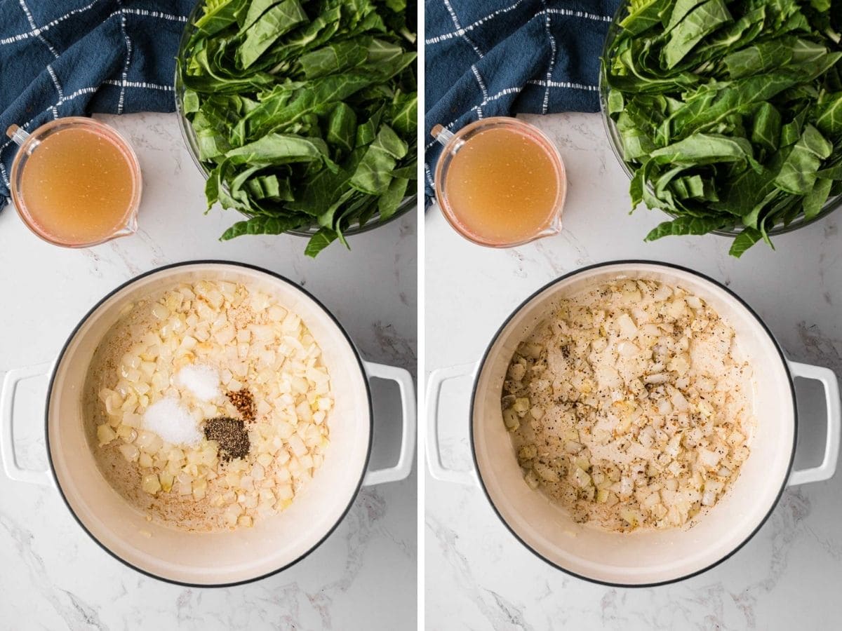 Side-by-side image of sautéed onions and garlic with seasonings and then stirred together.