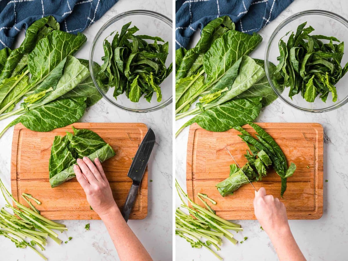 Side-by-side image showing rolling up collar leaves and slicing.