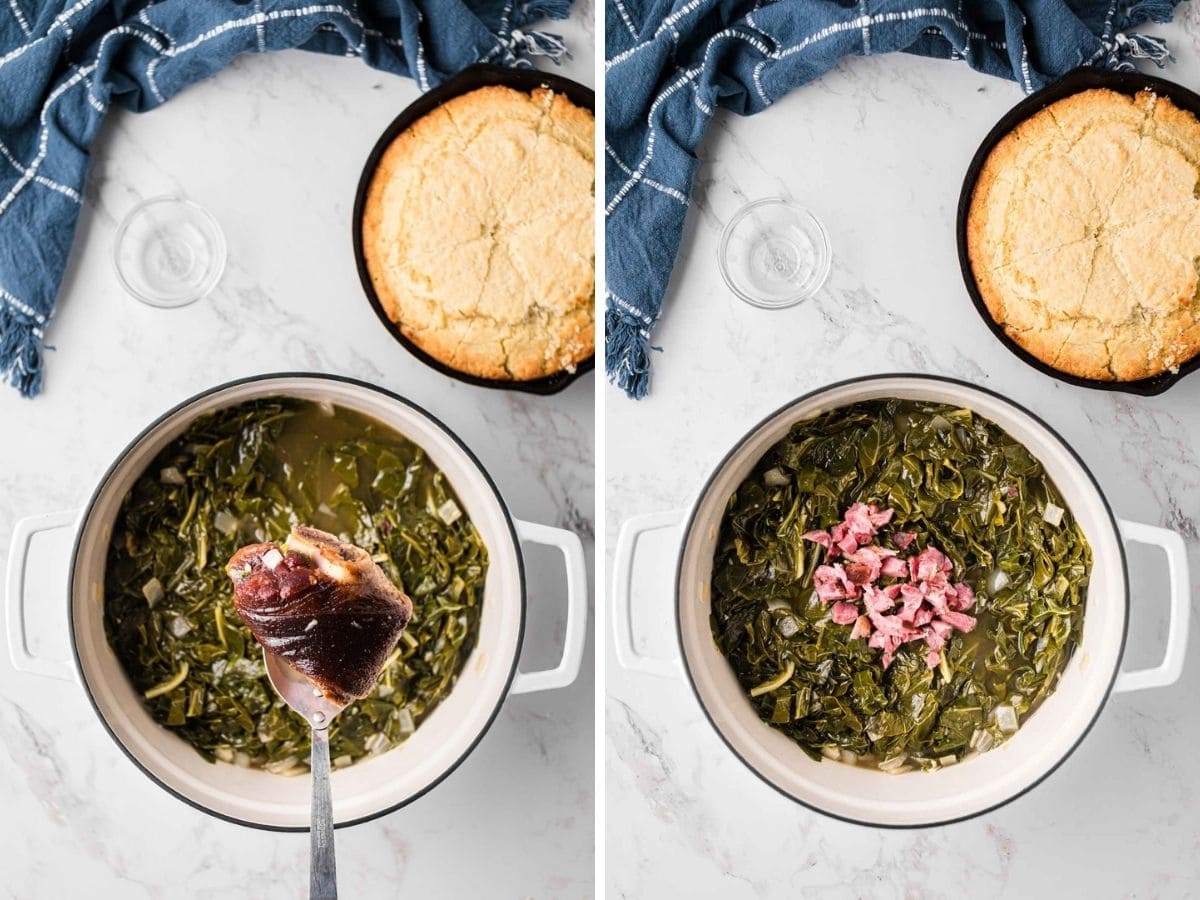 Side-by-side image showing cooked collard greens, removing the hambone and shredding meat into collards.