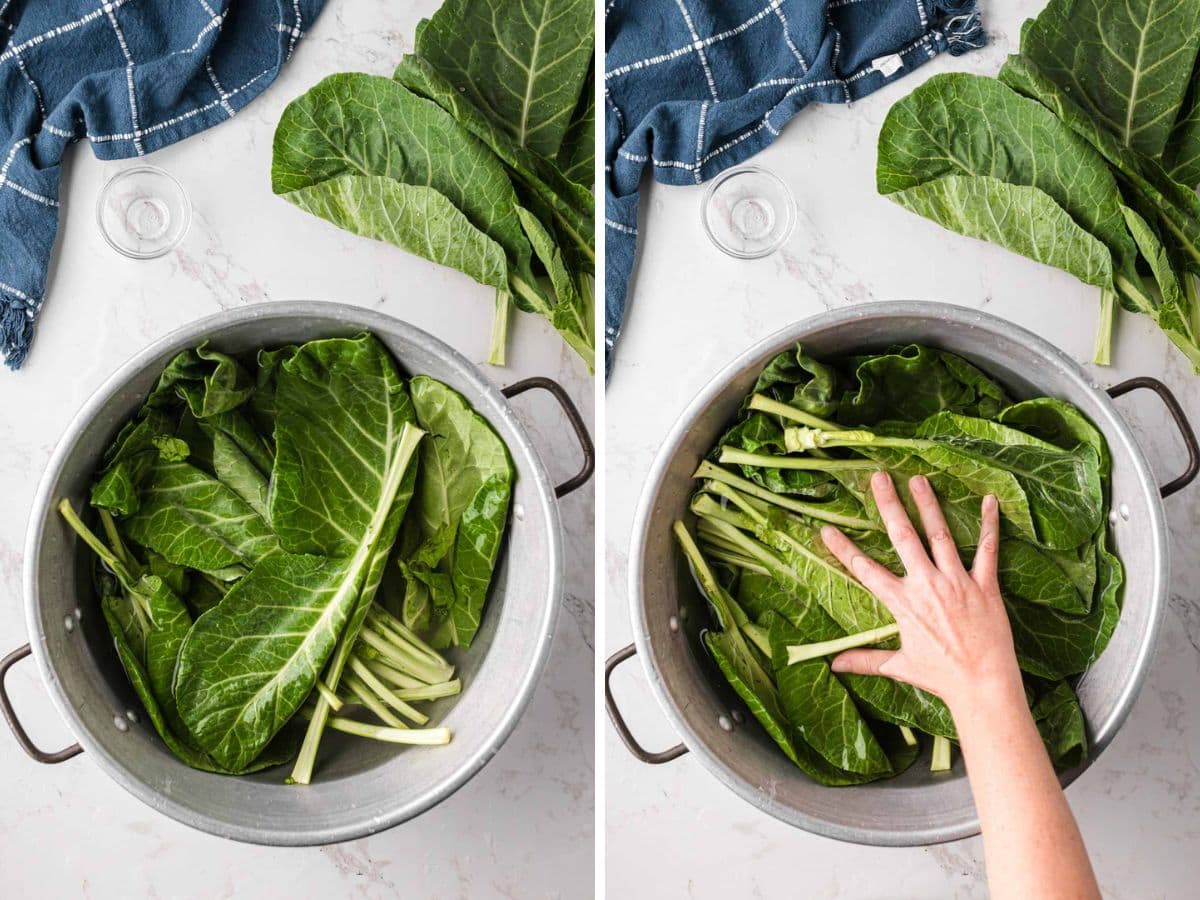 Side by side image of collard green leaves added to water to wash and then using a hand to scrub and stir.