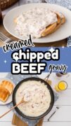 A two image post for creamed chipped beef on toast with the top image on toast and the bottom of the gravy in the pot.