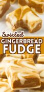 Social image for Swirled Gingerbread Fudge recipe with a bite taken out of the marbled fudge.