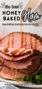 Brand image graphic of the Honey Baked Ham Recipe image with the glaze dripping down the partially sliced ham.