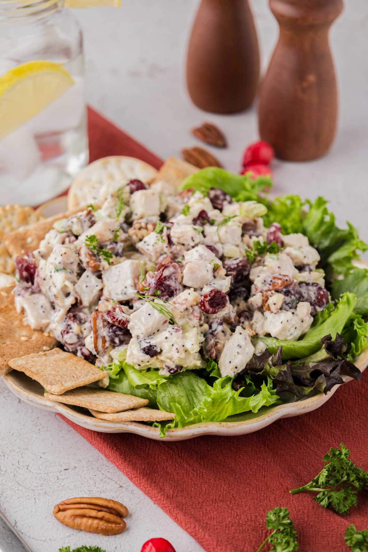 Turkey salad with dried cranberries and pecans on a bed of leafy greens served with crackers.