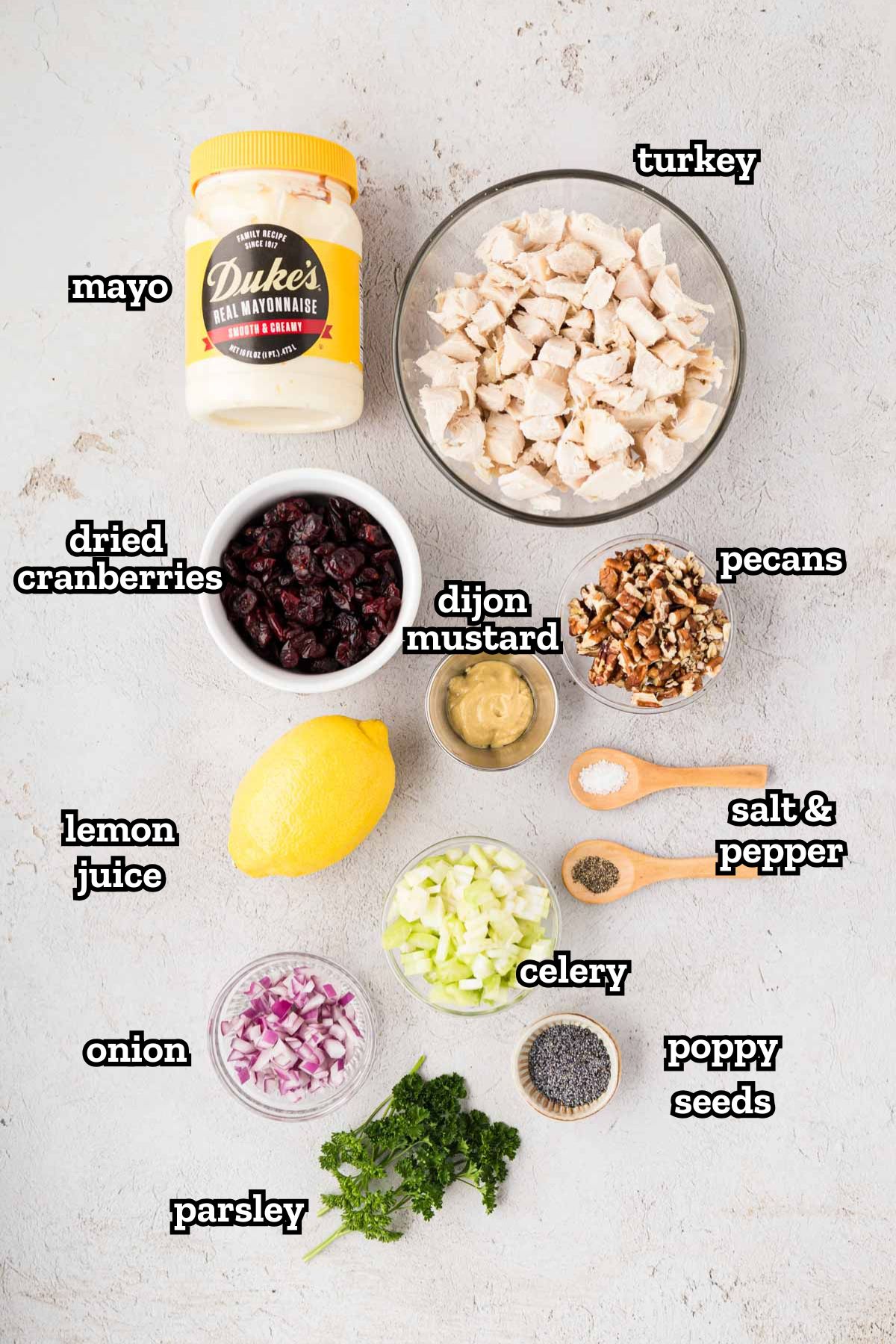 A labeled image of ingredients needed to make turkey salad with dried cranberries and nuts.