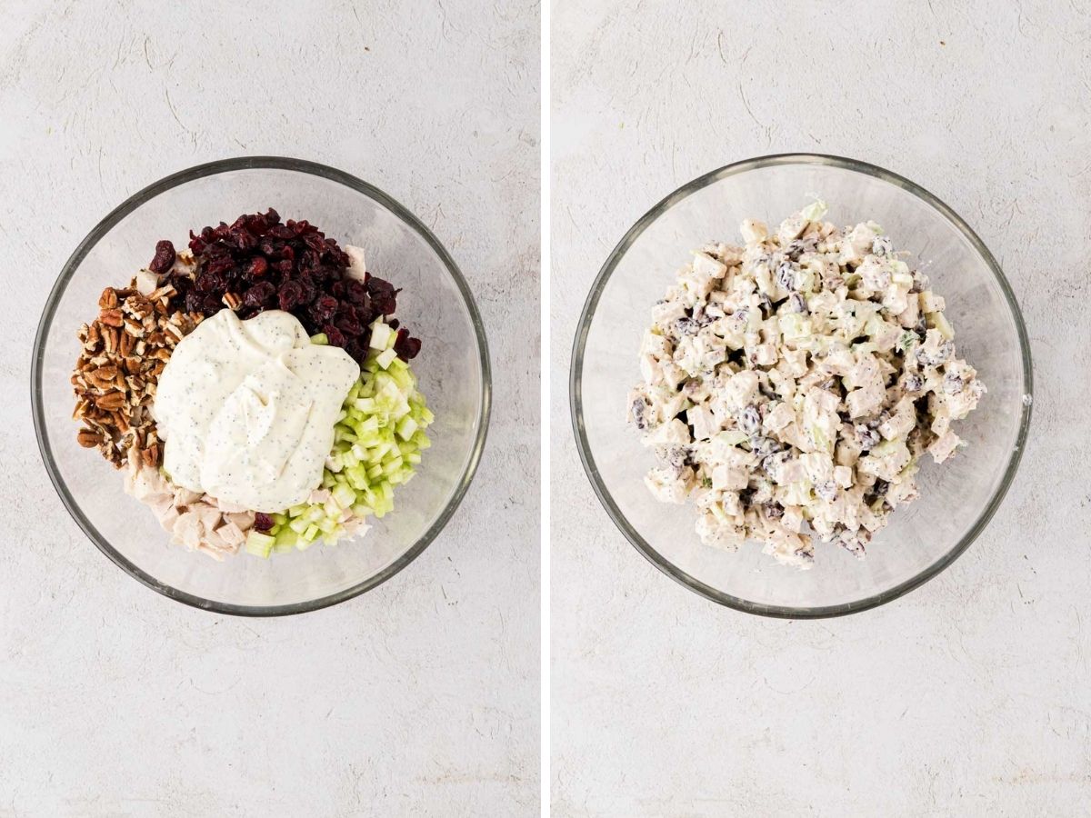 A side-by-side image of turkey salad ingredients with dressing port on top and then it stirred to combine.