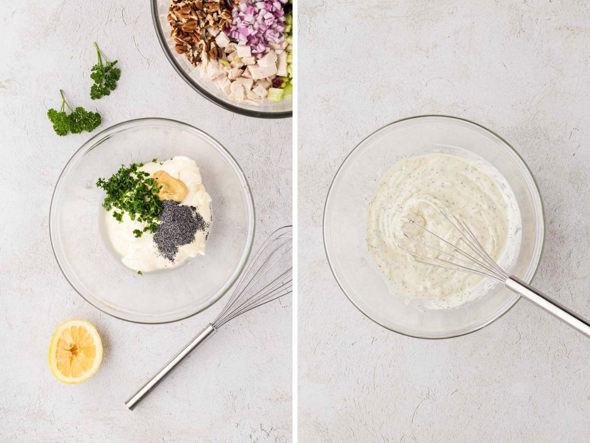 A side-by-side image of a clear bowl with dressing ingredients for turkey salad, and then mixed with the whisk.