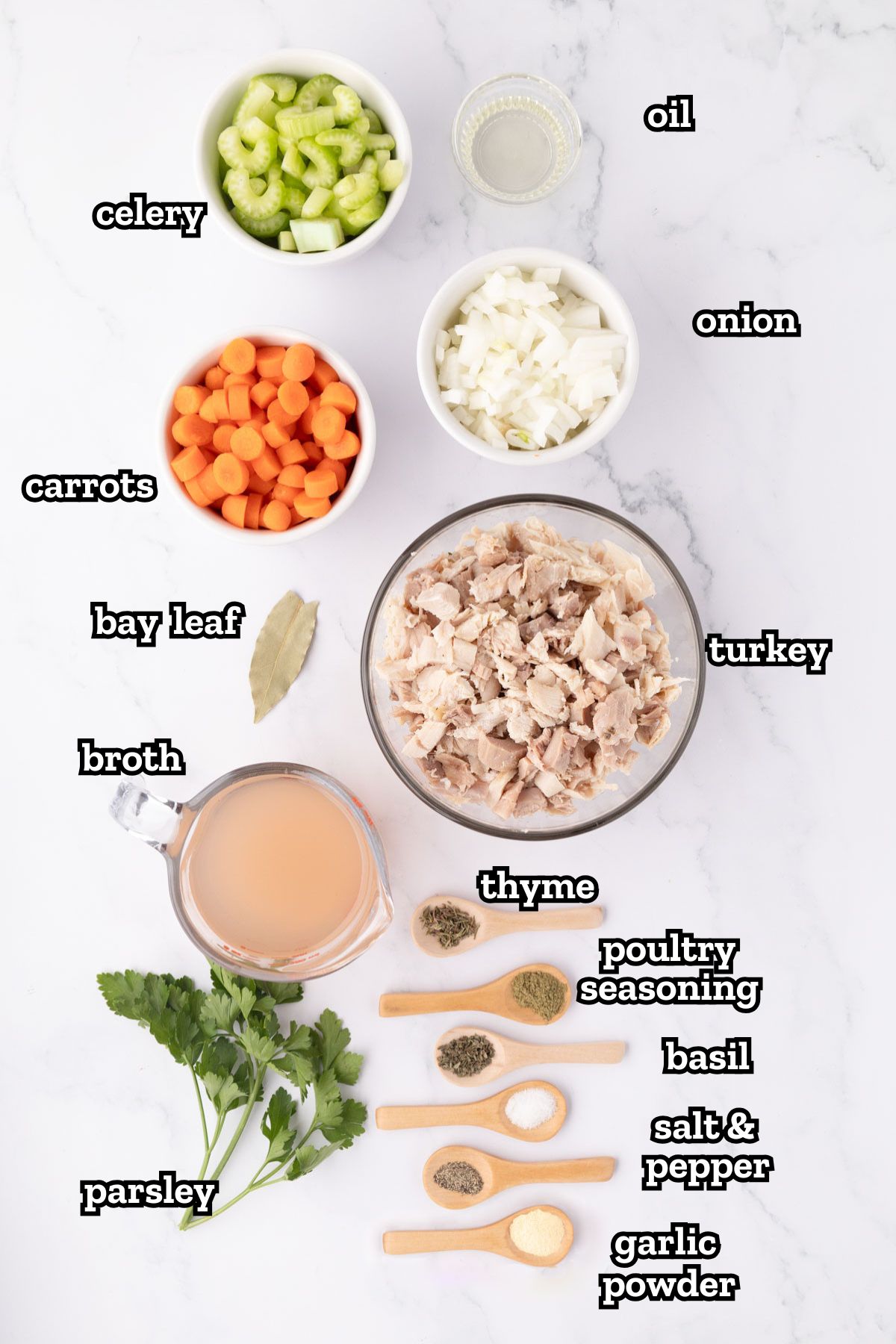 A labeled image of ingredients needed to make easy turkey soup.