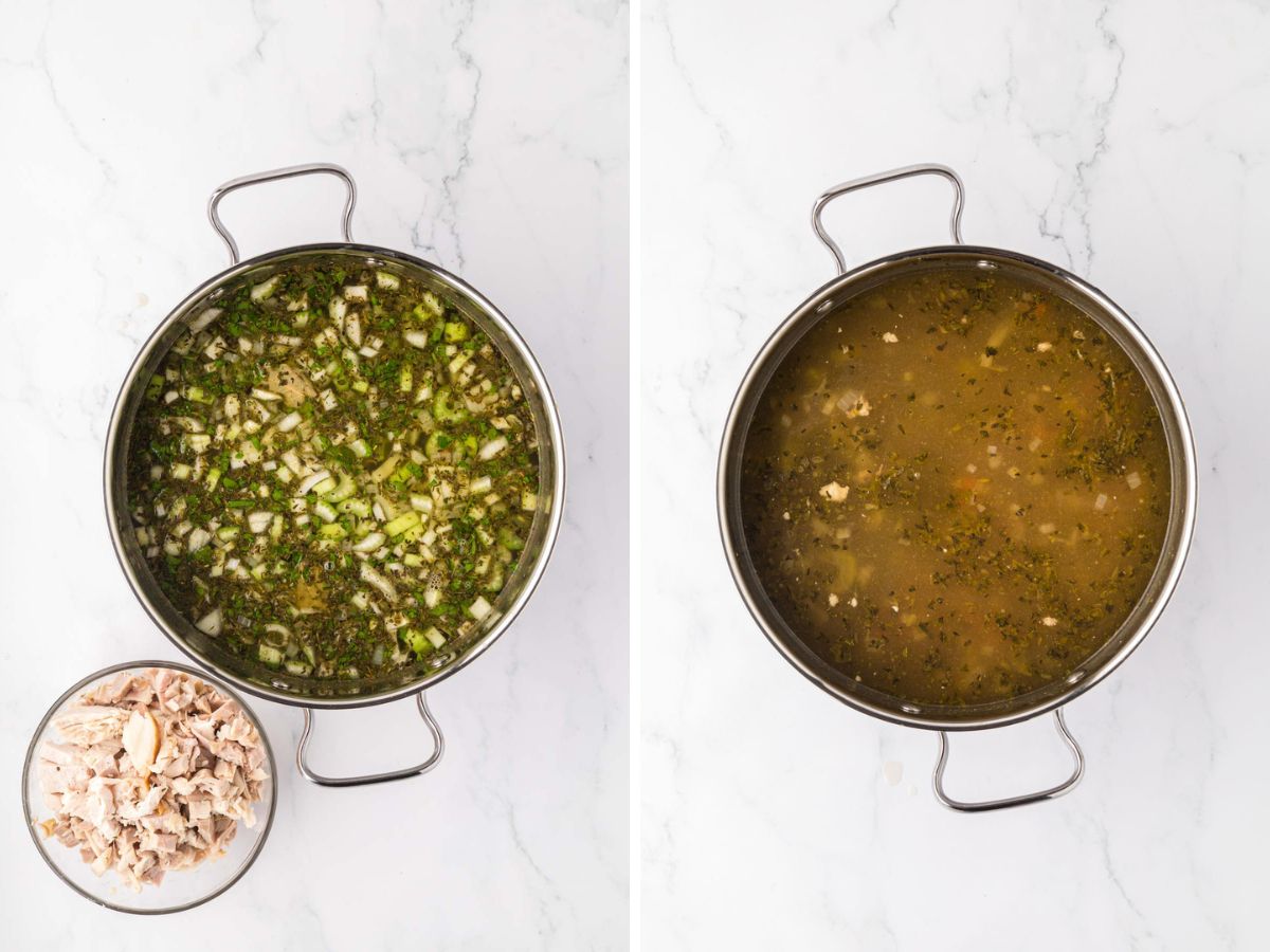 Side-by-side image of turkey added into the soup pot.