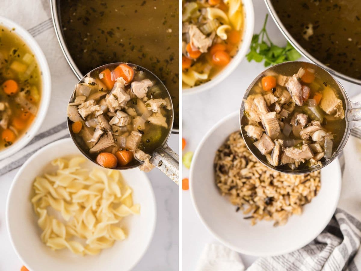 A side-by-side image of turkey soup over noodles or over rice.