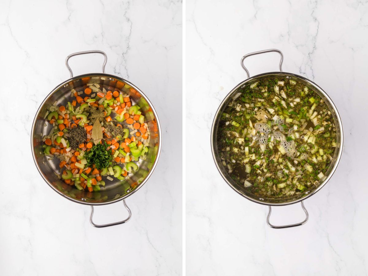 A side-by-side image of seasonings added to veggies and then broth added to the pot.