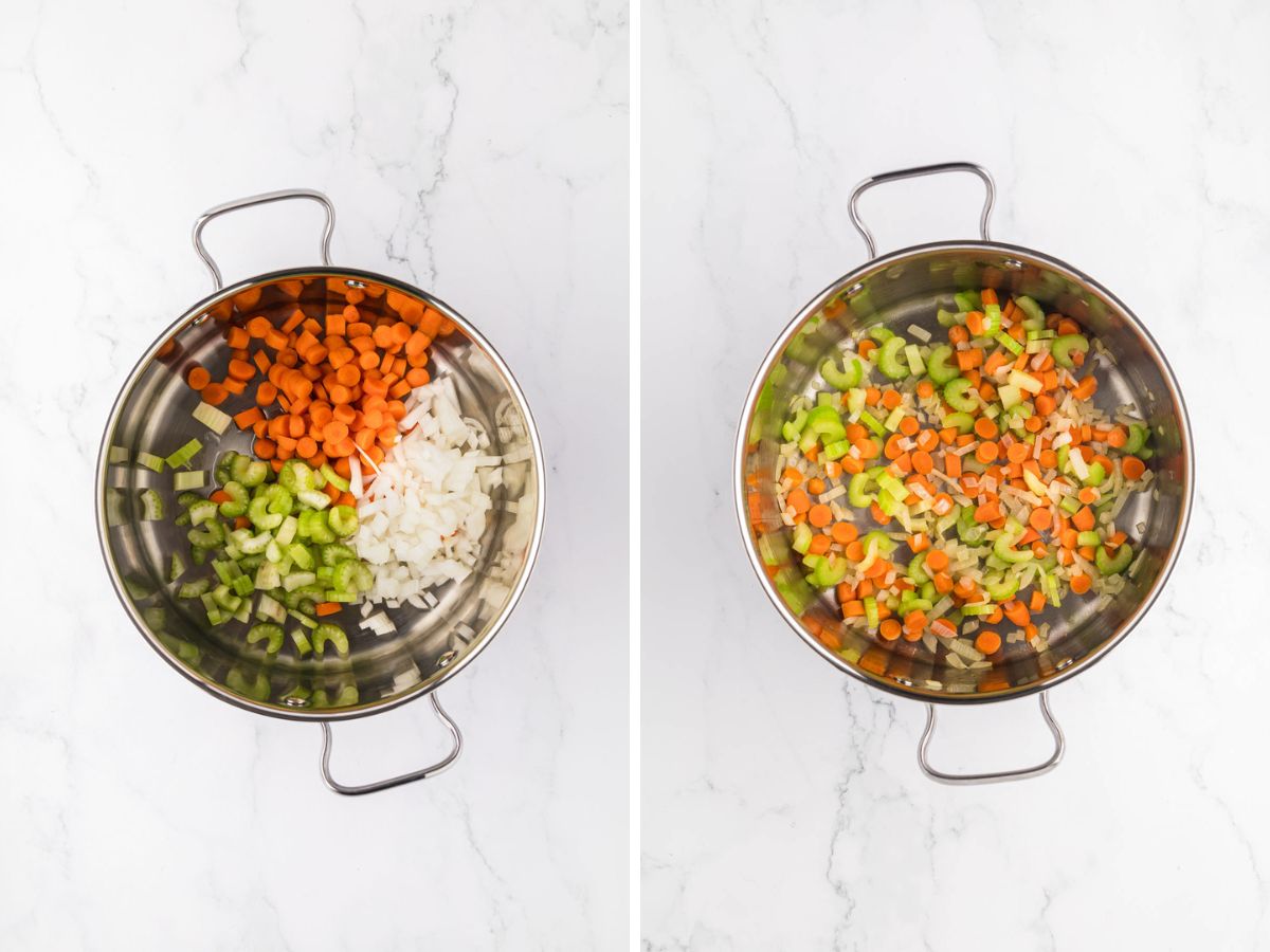 A side-by-side image of carrots, onion, and celery, added to a pot and then sautéed.