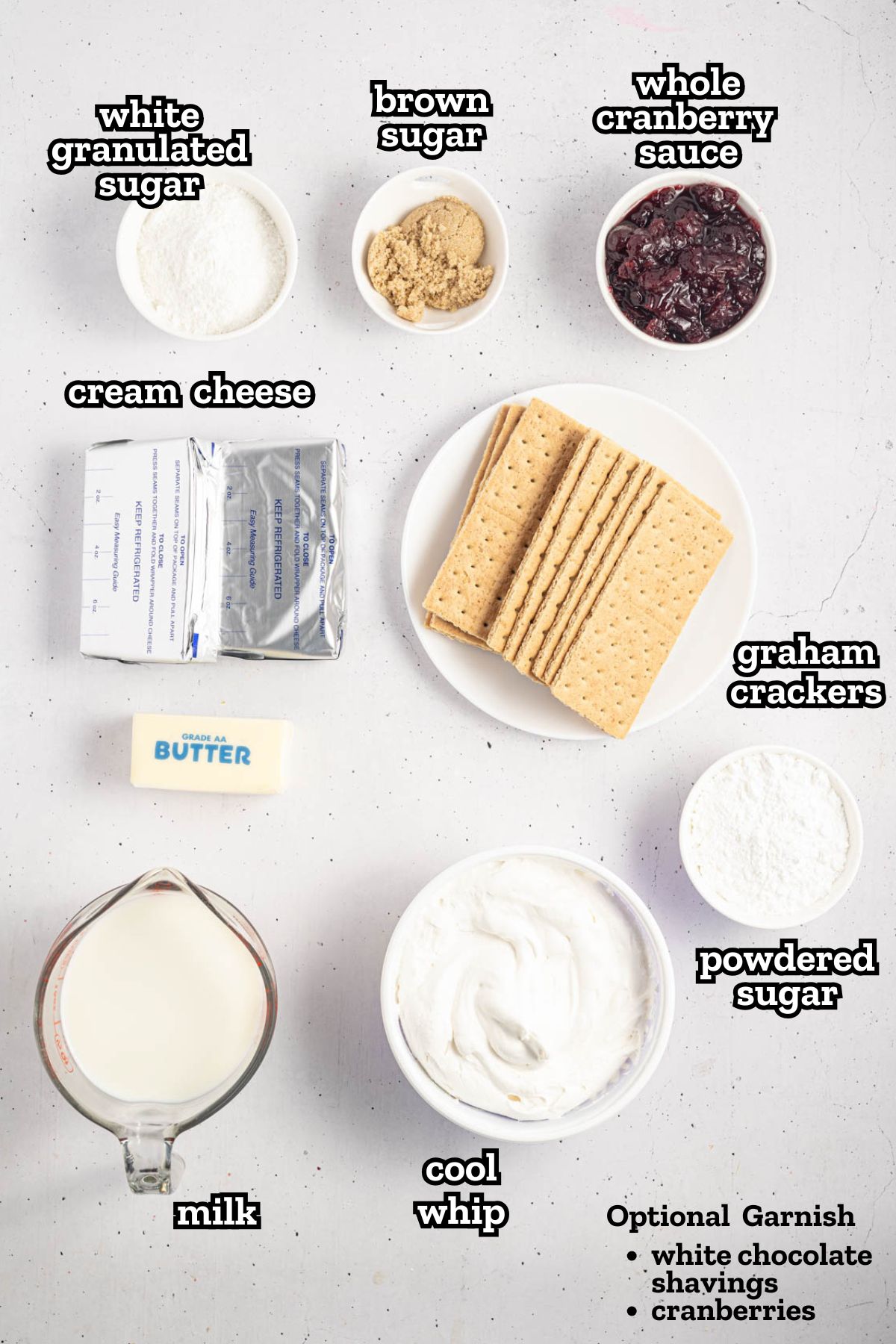 Ingredients needed to make white chocolate cranberry dessert.