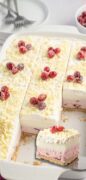 White chocolate Cranberry Dessert image featuring a slice with the sugared cranberries on top.