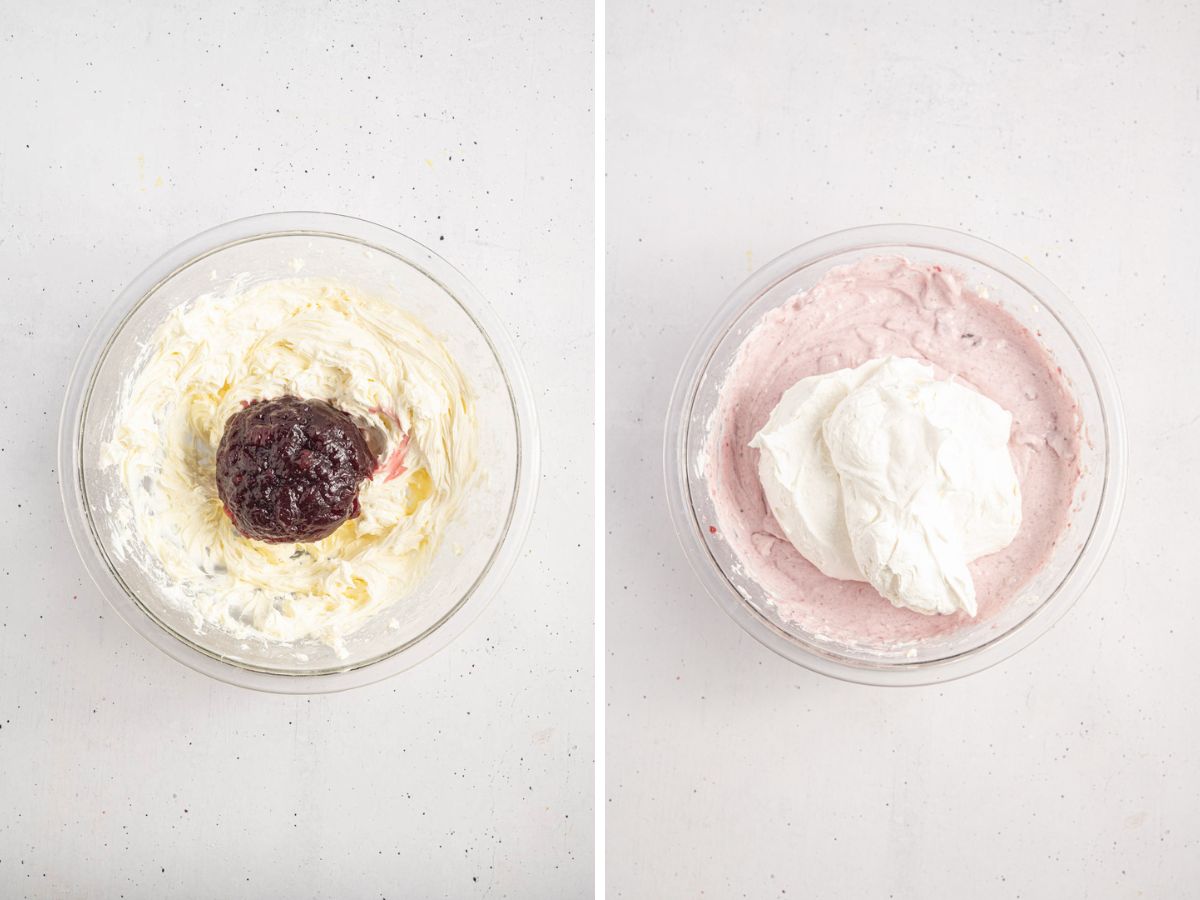 Side by side photos of making the cranberry cheesecake layer.