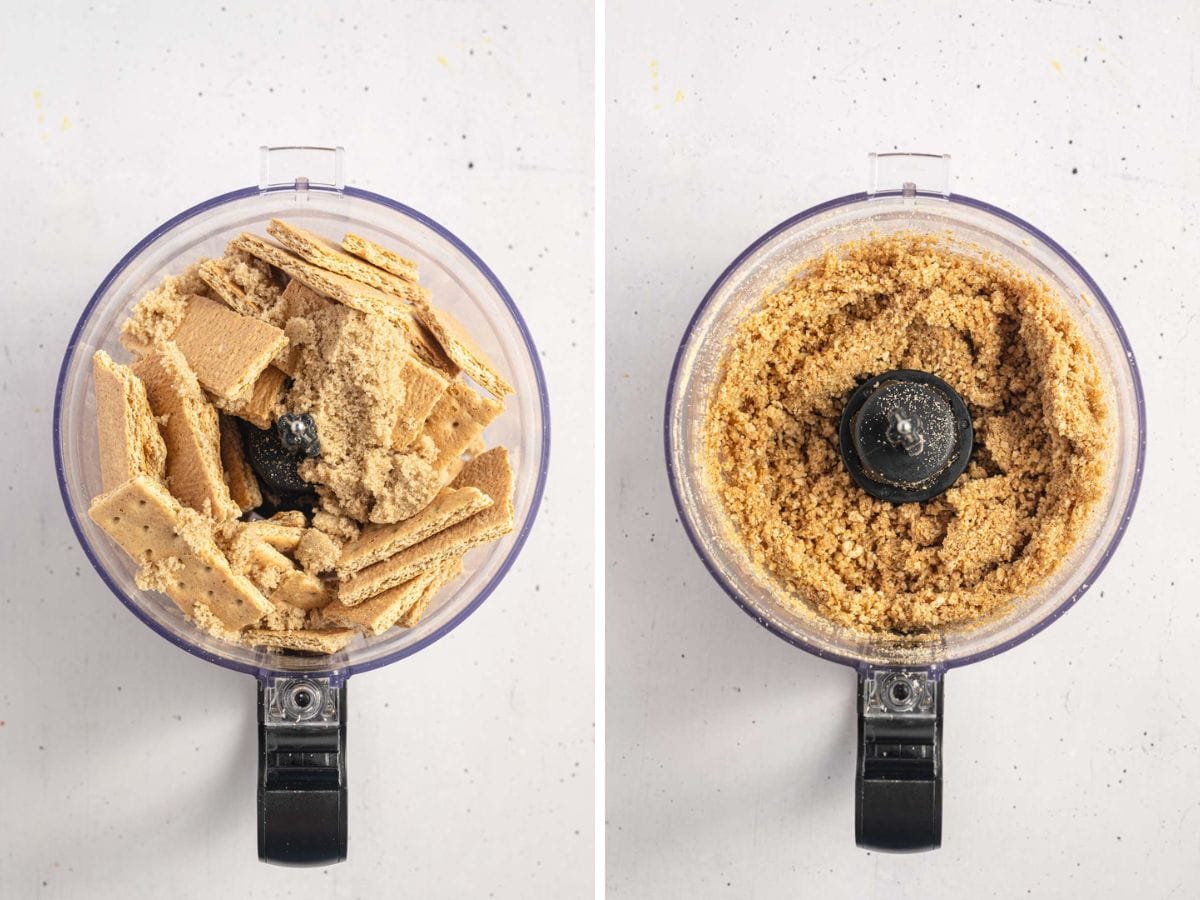 Side by side photos of graham crackers being made into a crumb mixture in a food processor.