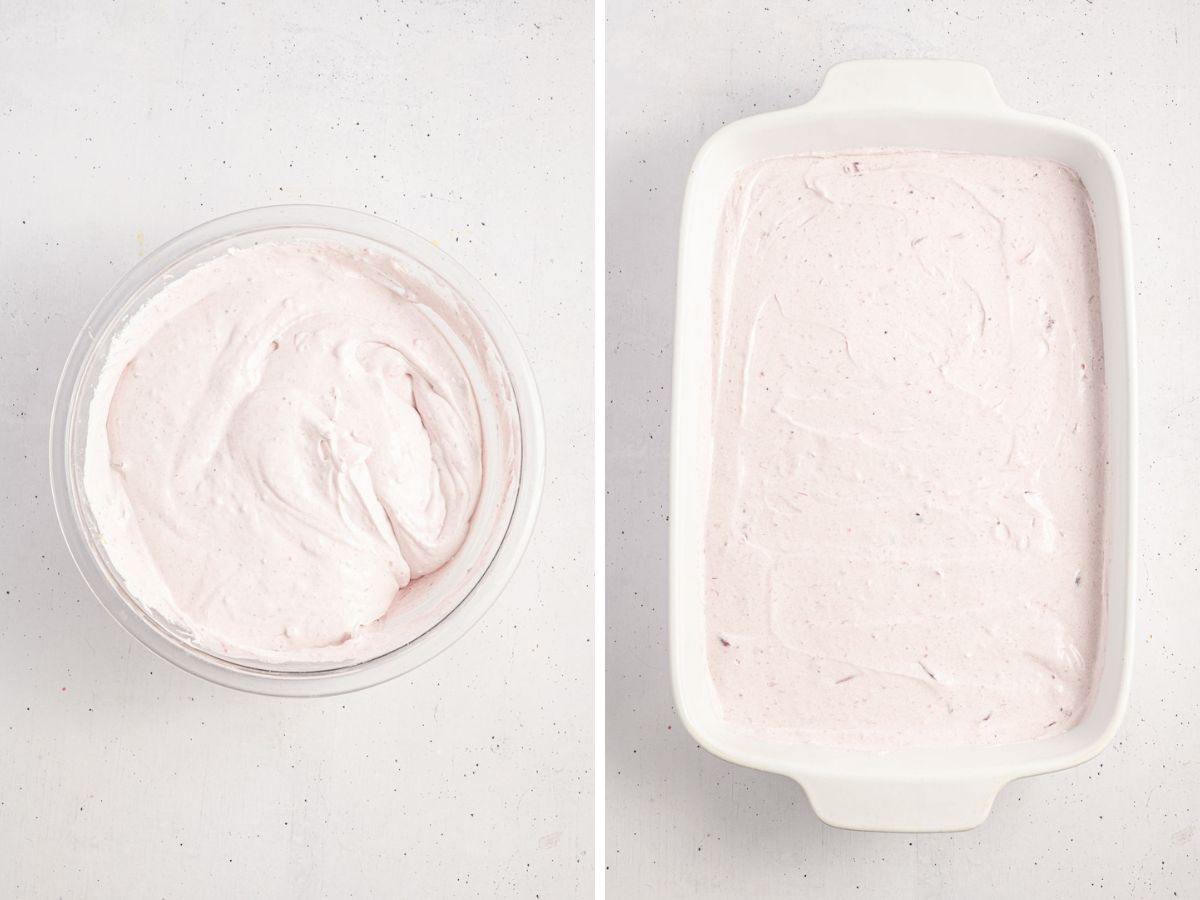 Side by side photos of cranberry cheesecake mixture in a mixing bowl and then in a baking dish.