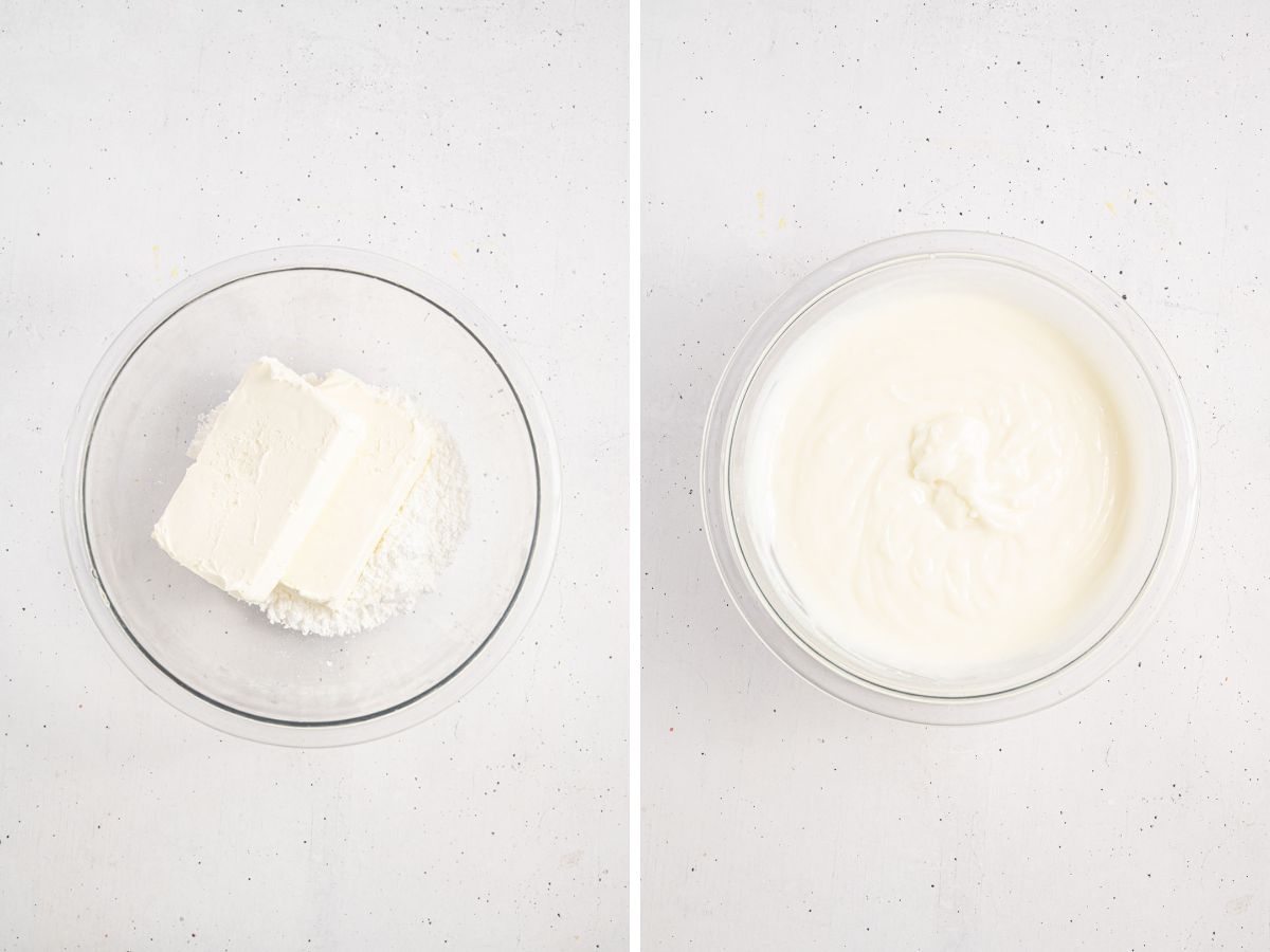 Side by side photos of cream cheese and powdered sugar in a mixing bowl before and after being whipped together.