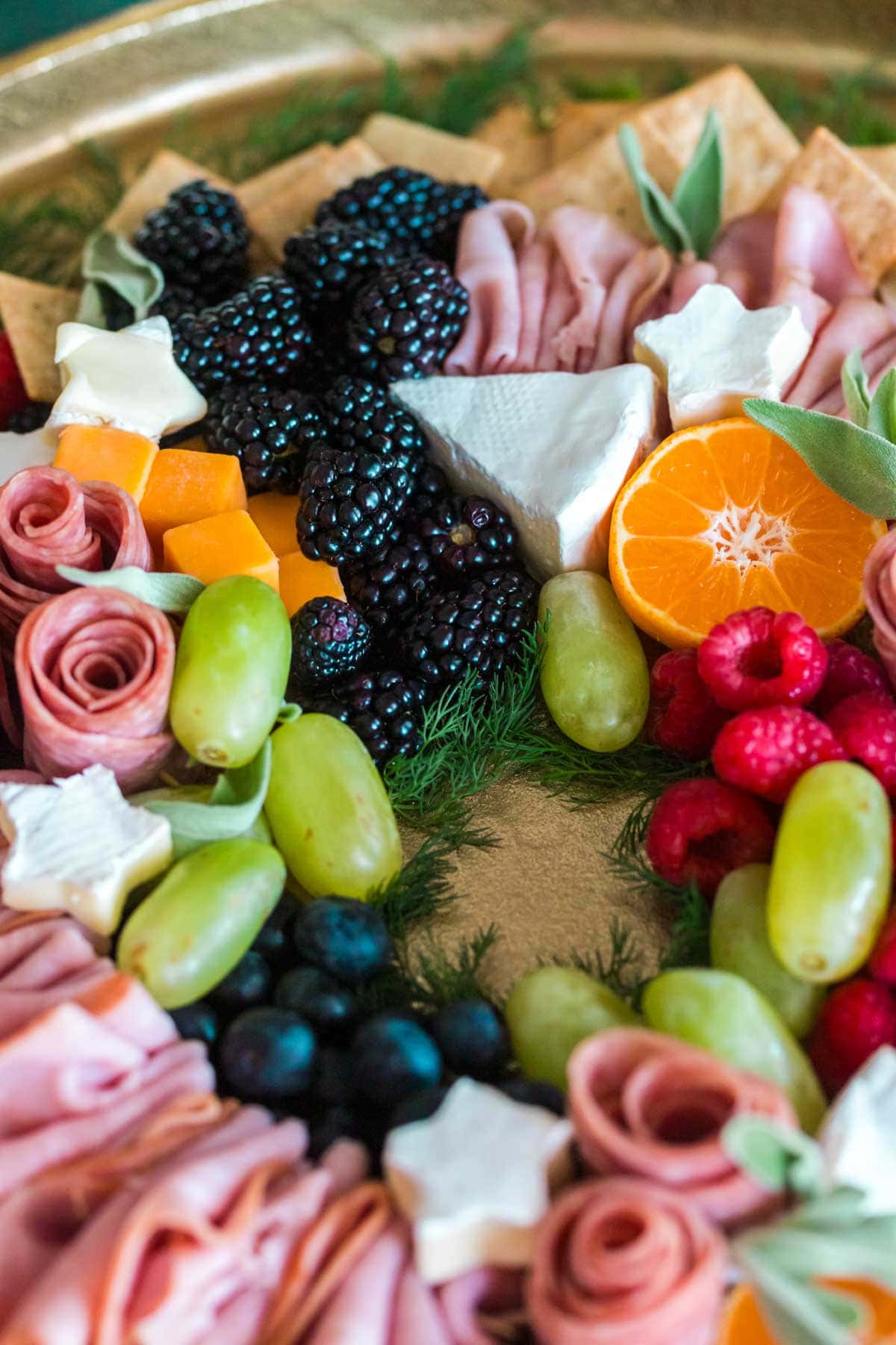 An up close shot of the blackberries and and center of the charcuterie wreath.