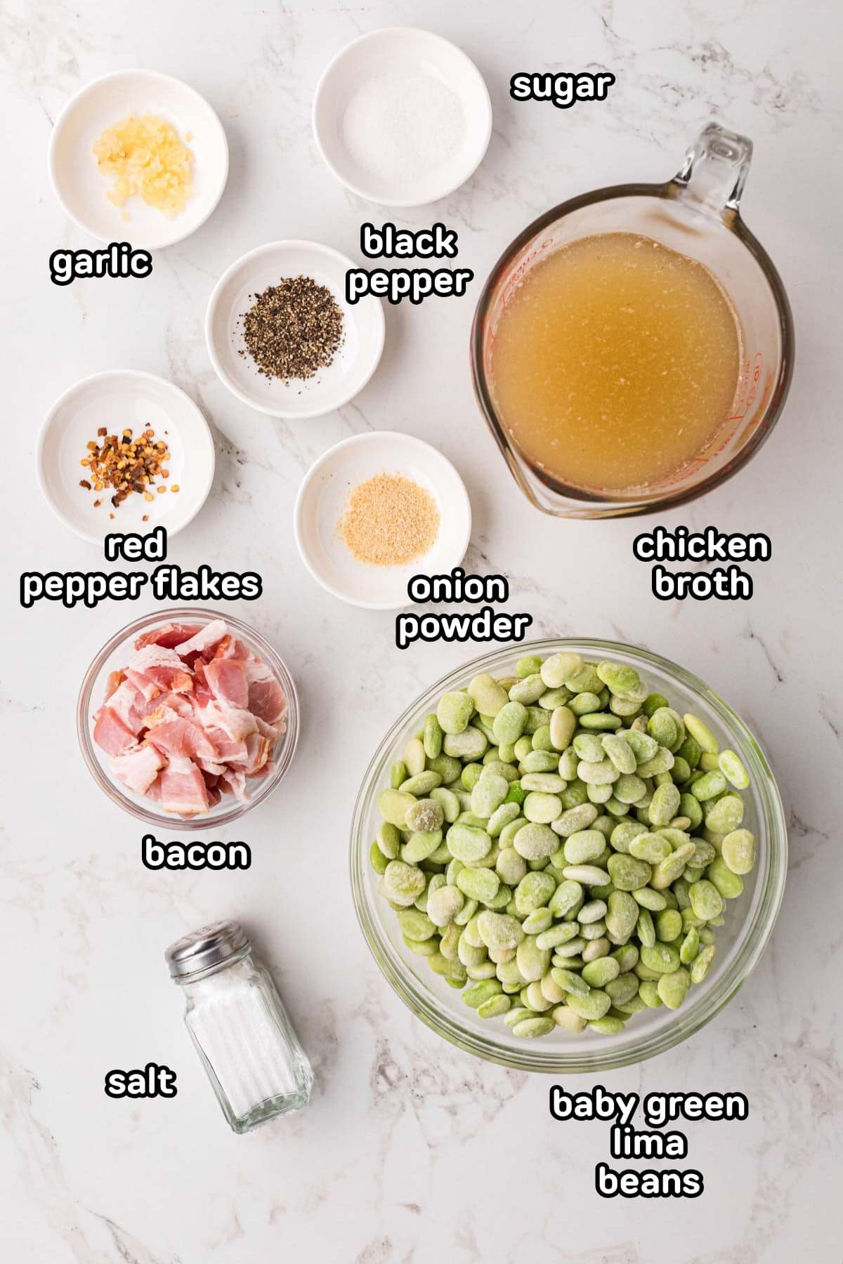 A labeled image of ingredients needed to make baby green lima beans.