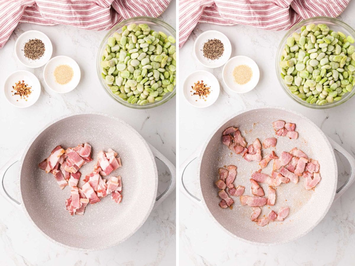 Side-by-side image showing bacon cut up into pieces, added to a frying pan and sautéed.