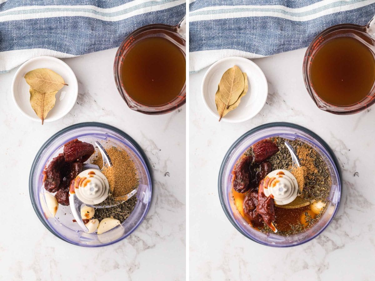 A side-by-side image of spices added to a food processor, along with adobo and peppers.