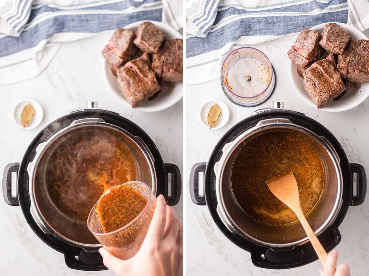 A side-by-side image of Barbacoa sauce poured into the instant pot and stirred with a wood spoon.