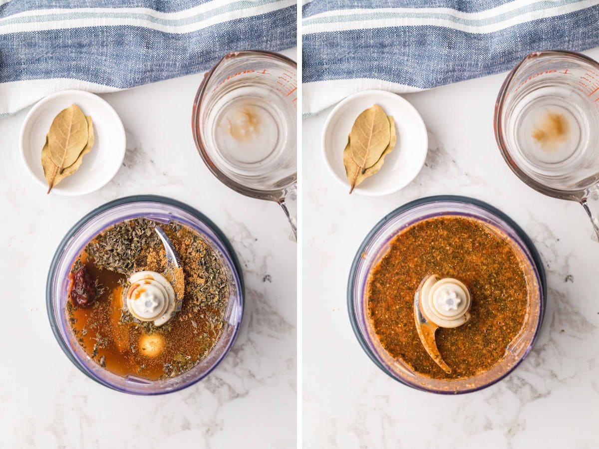 Side-by-side image of broth board into food processor and post until barbacoa sauce is smooth.