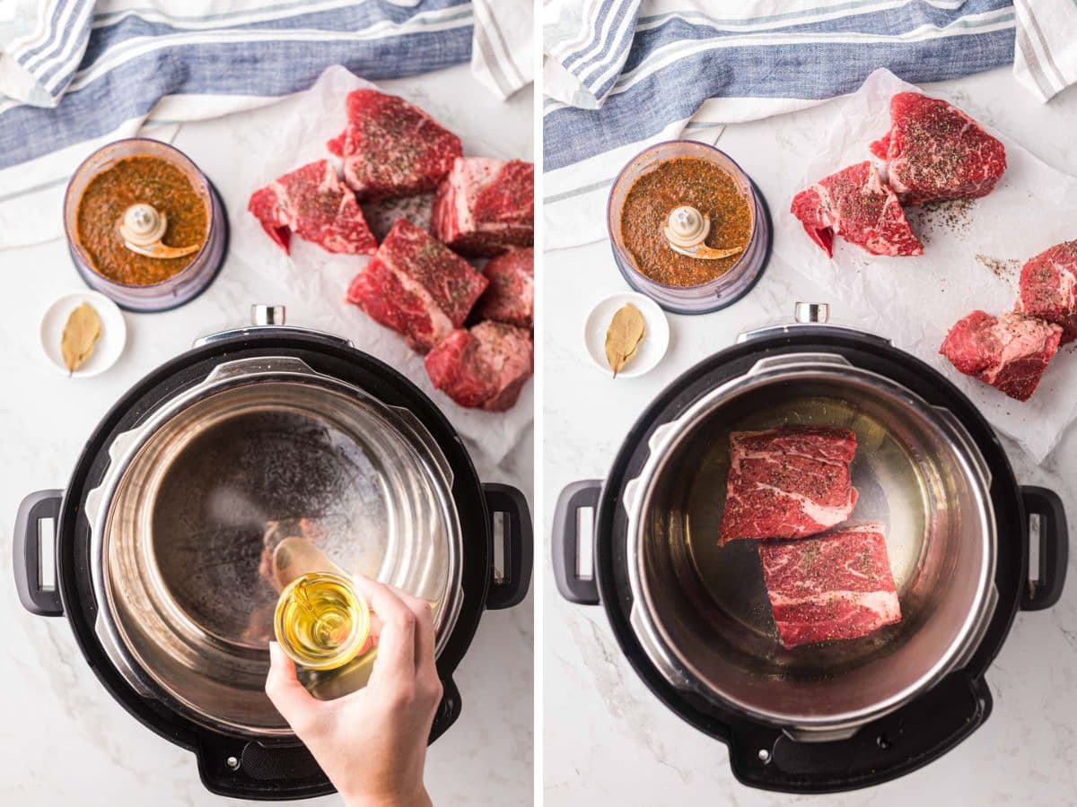 A side-by-side image of oil added to the instant pot and then beef chunks added.