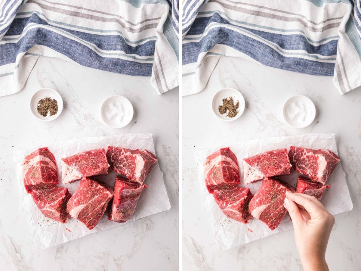 A side-by-side image of Chuck roast cut into six pieces and seasoned.