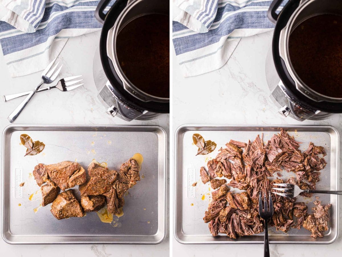 A side-by-side image of beef chuck roast after being cooked in the instant pot place on a baking sheet and shredded with two forks.