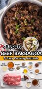 Chipotle beef barbacoa is shown in 3 images as the beef tacos, the ingredients, and a bowl full of shredded beef.