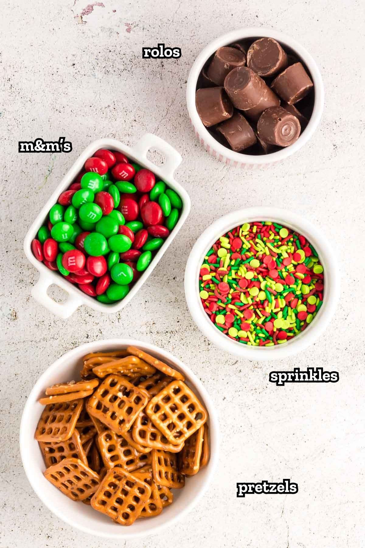 A labeled image of ingredients needed to make Christmas Rolos pretzels.