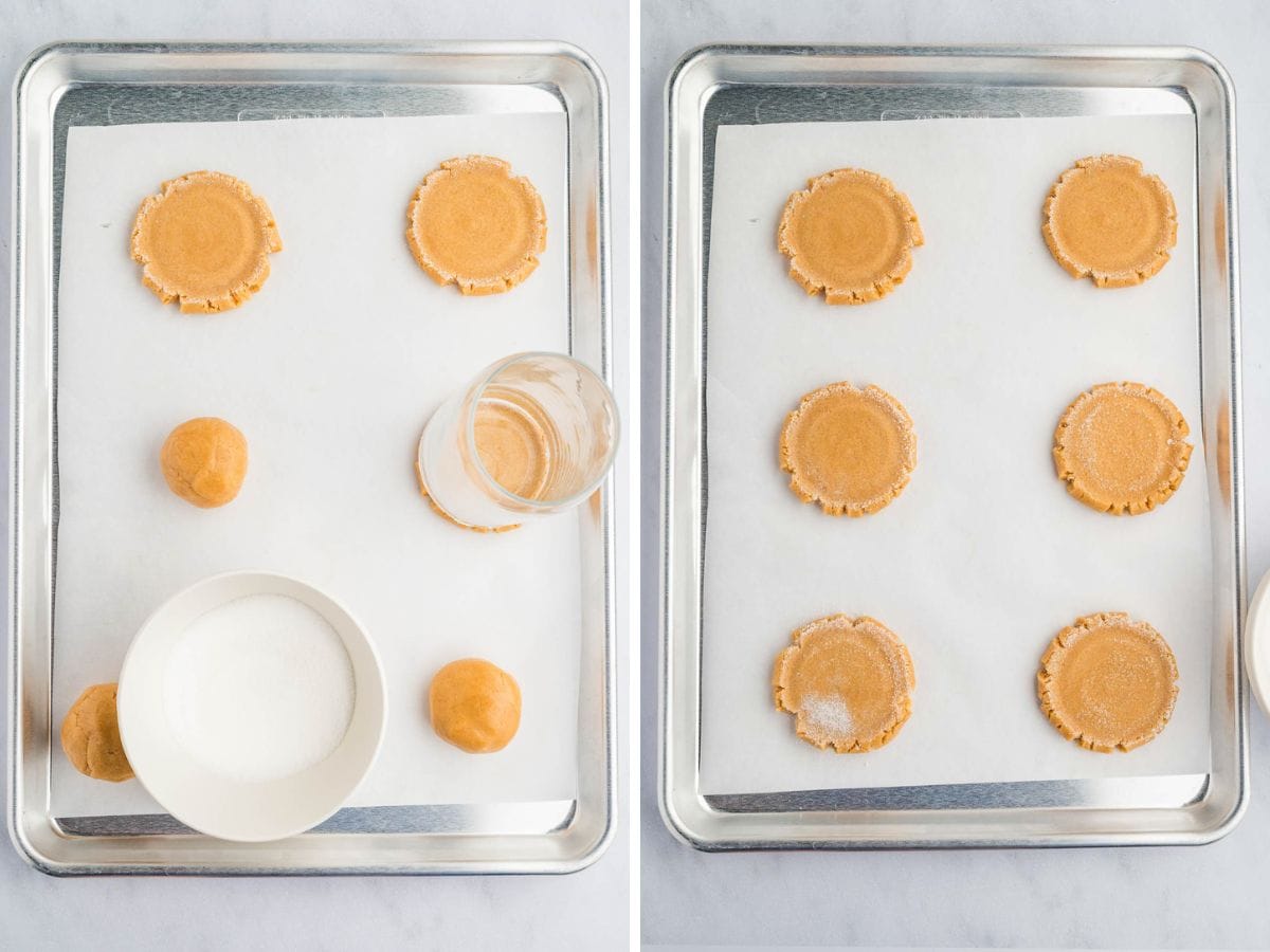 Using a class to smash the cookie dough balls in a side by side photo.