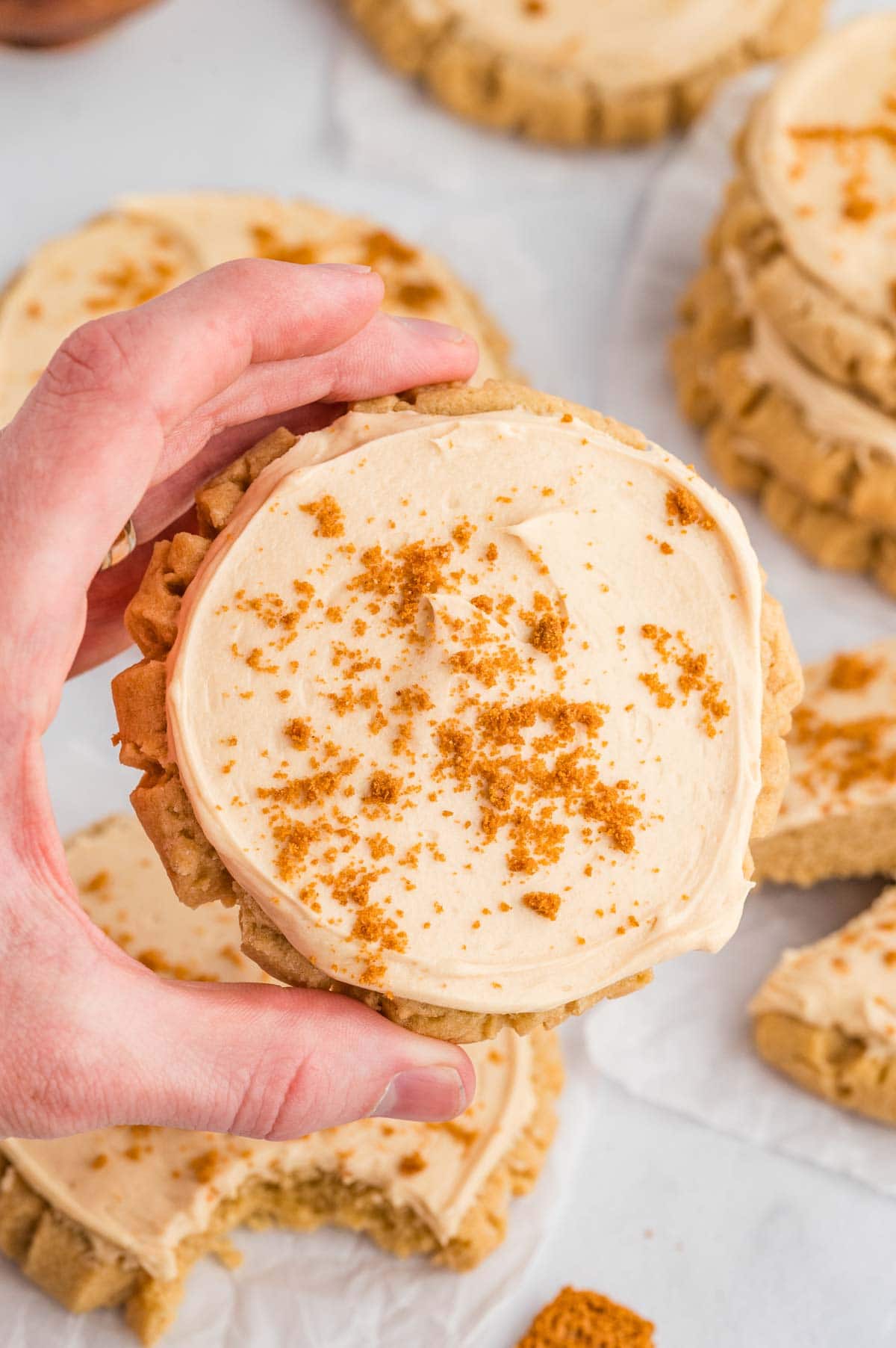 Hand holding a frosted cookie butter cookie with more in the background.