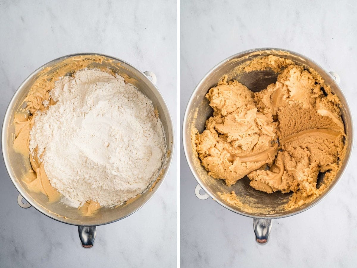 Side by side photos of adding flour to the cookie dough in a stand mixer bowl.