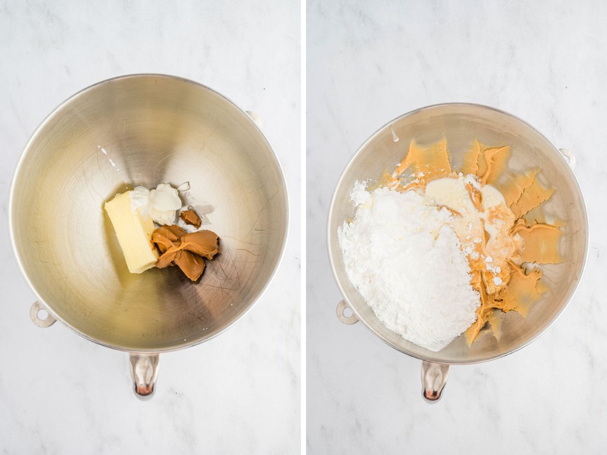 Side by side photos fo combining the butter, cookie butter and powdered sugar in a stand mixer bowl.