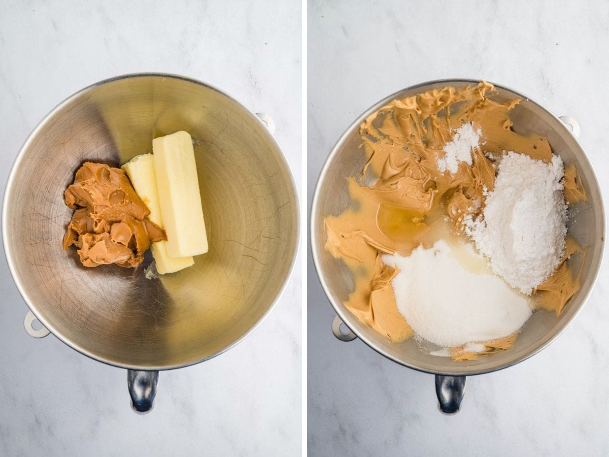 Butter, cookie butter and sugars being combined in a stand mixer bowl.