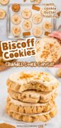 This 2 image collage shows the Biscoff cookies with the top image being the tray of cookies and the bottom is the stack of cookies.