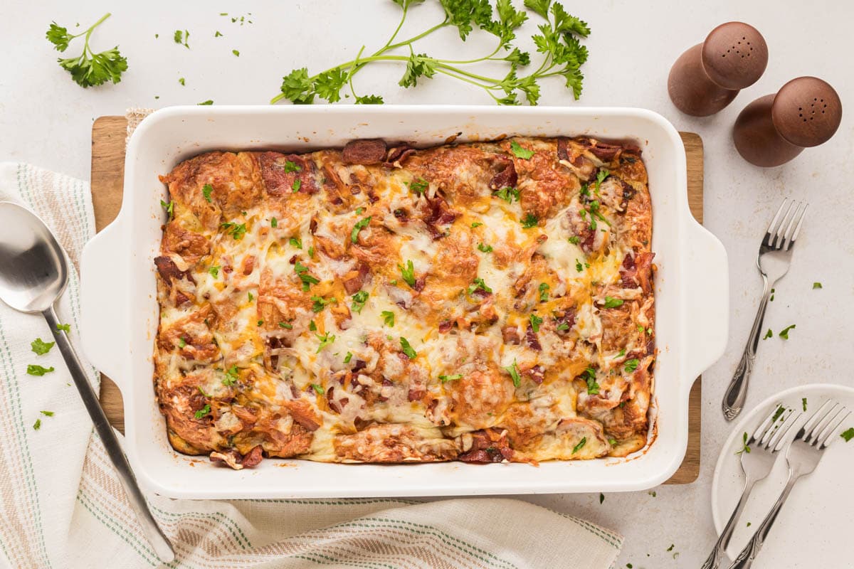 Croissant casserole after being baked.