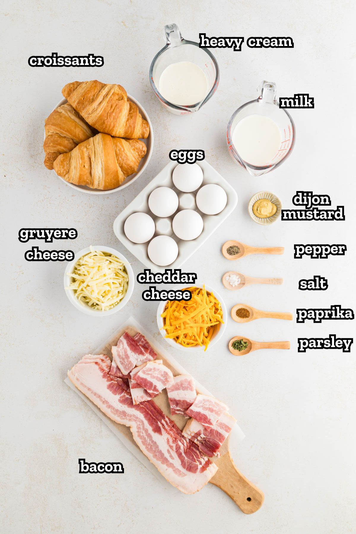 Labeled image of ingredients needed to make savory breakfast casserole with croissants.