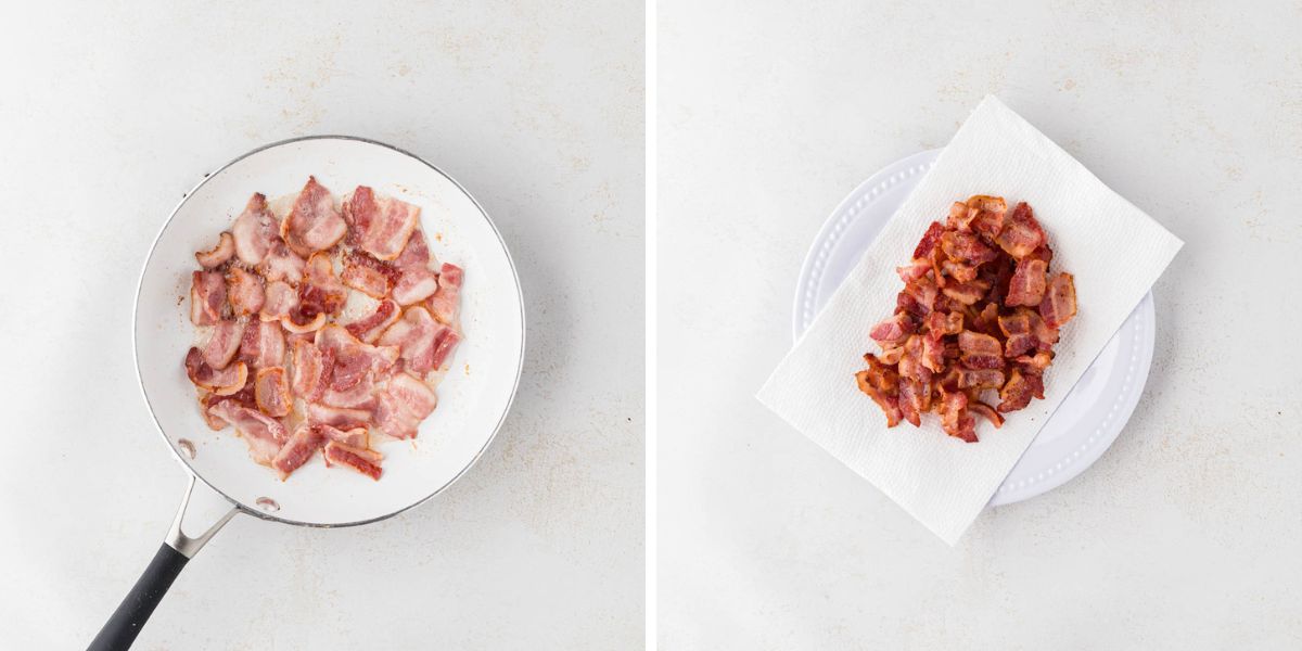 A side-by-side image of sliced bacon pieces in a frying pan and then move to a paper towel lined plate to drain.