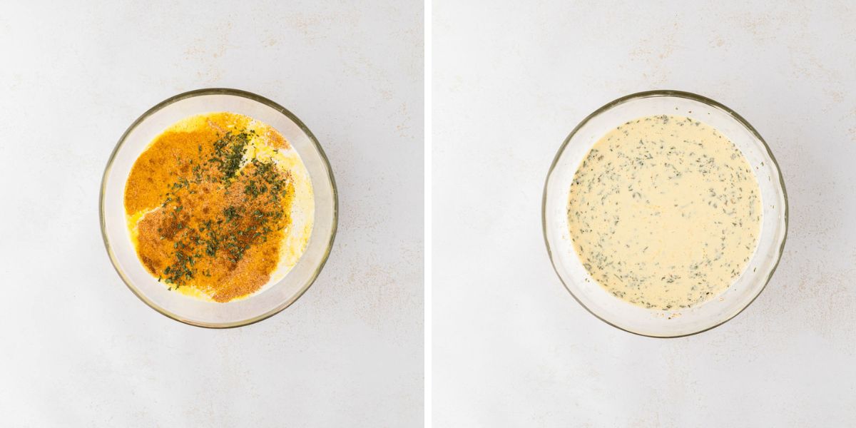 A side-by-side image of eggs beaten together, then spices added, and then stirred.