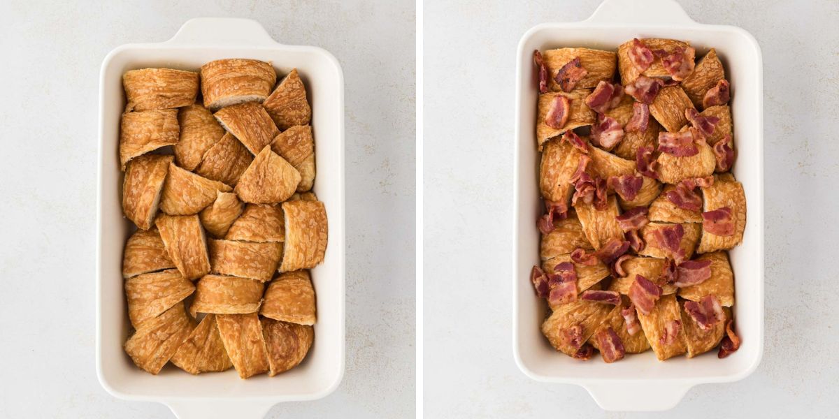 A side-by-side image of a casserole dish filled with croissant pieces and then bacon placed on top.