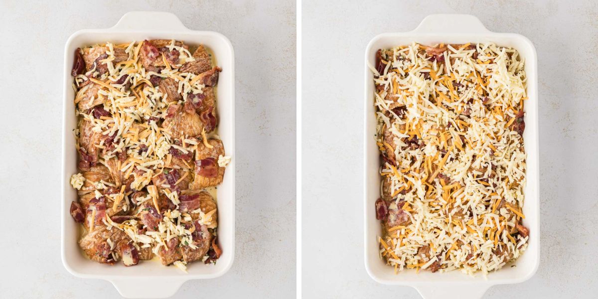 His side-by-side image of the egg mixture layered on the casserole and then cheese sprinkled on top.