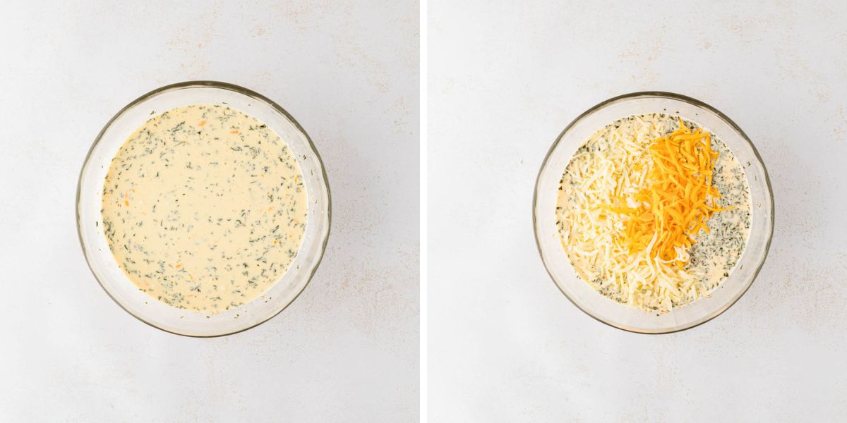 Side-by-side image of egg mixture and then cheese added.