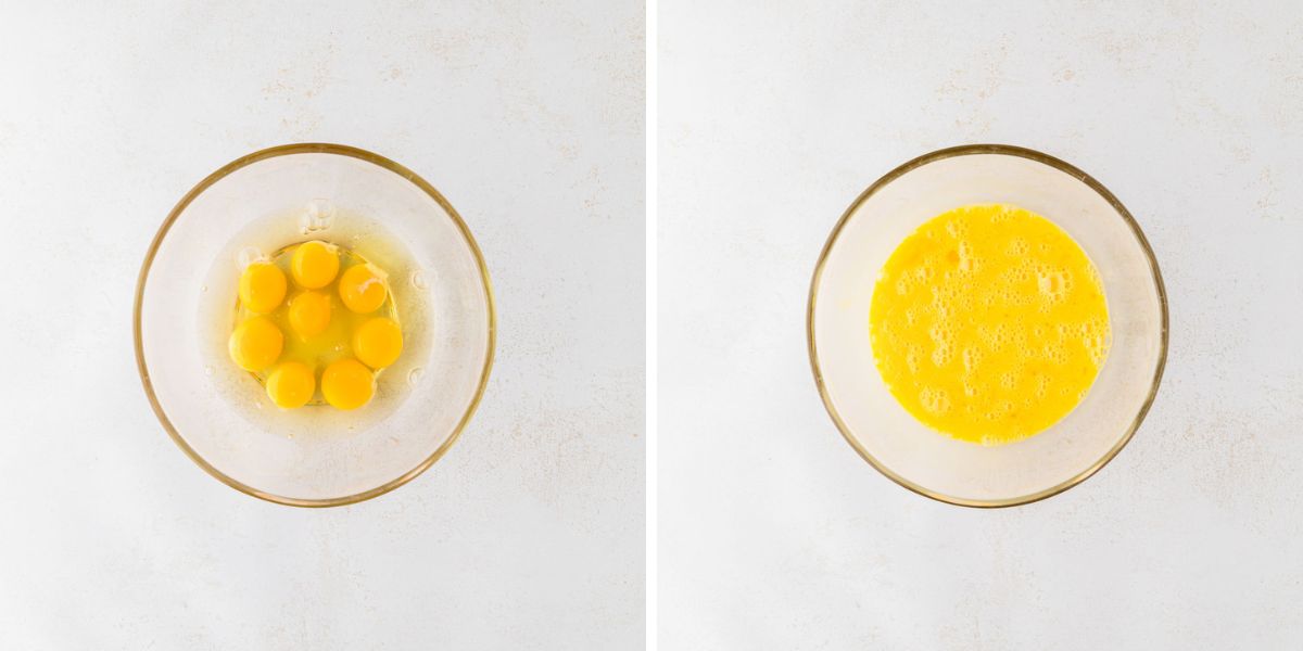 A side-by-side image of a bowl of raw eggs and then after being whisked together.