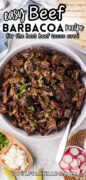 easy beef barbacoa recipe with an overhead shot of a white bowl full of the beef.