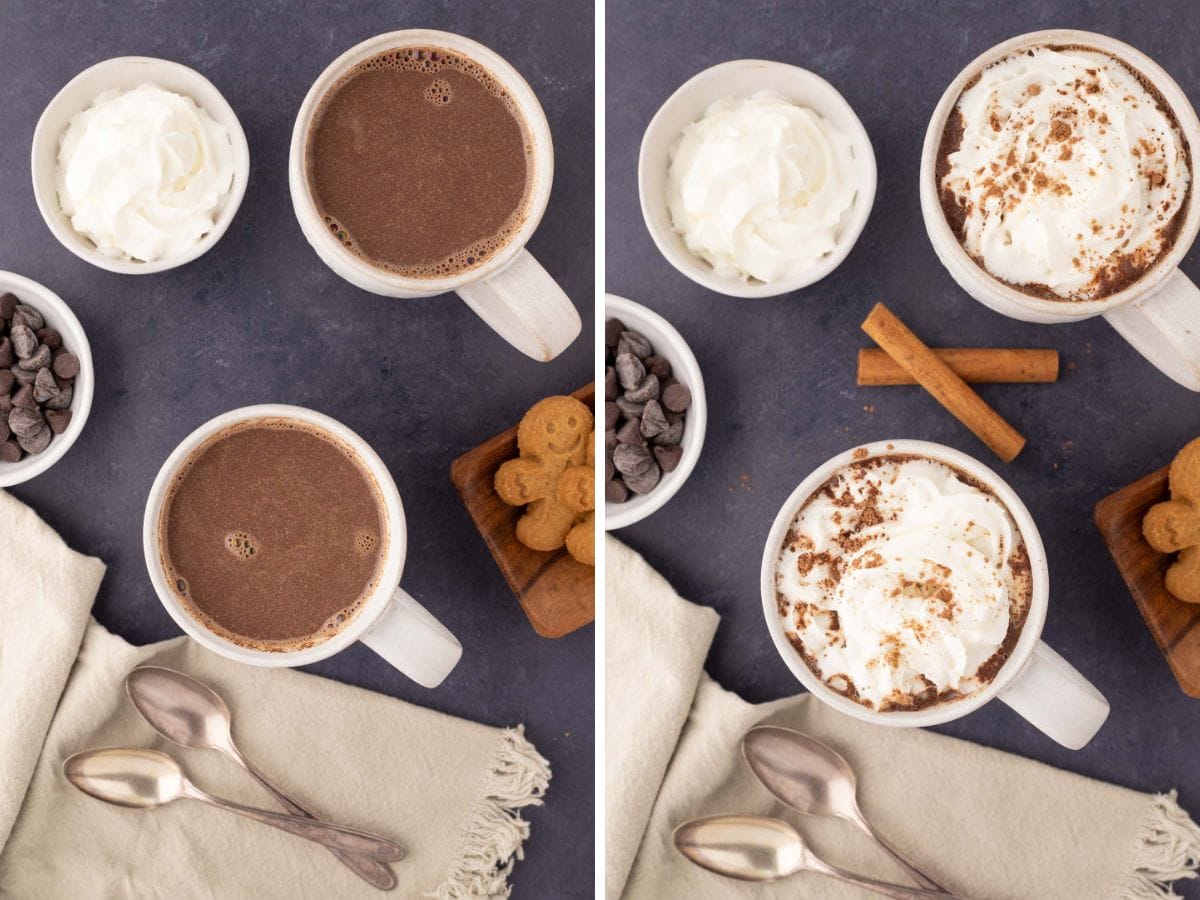 Side-by-side image of two months of hot cocoa, and then topped with whip cream and cocoa sprinkles.